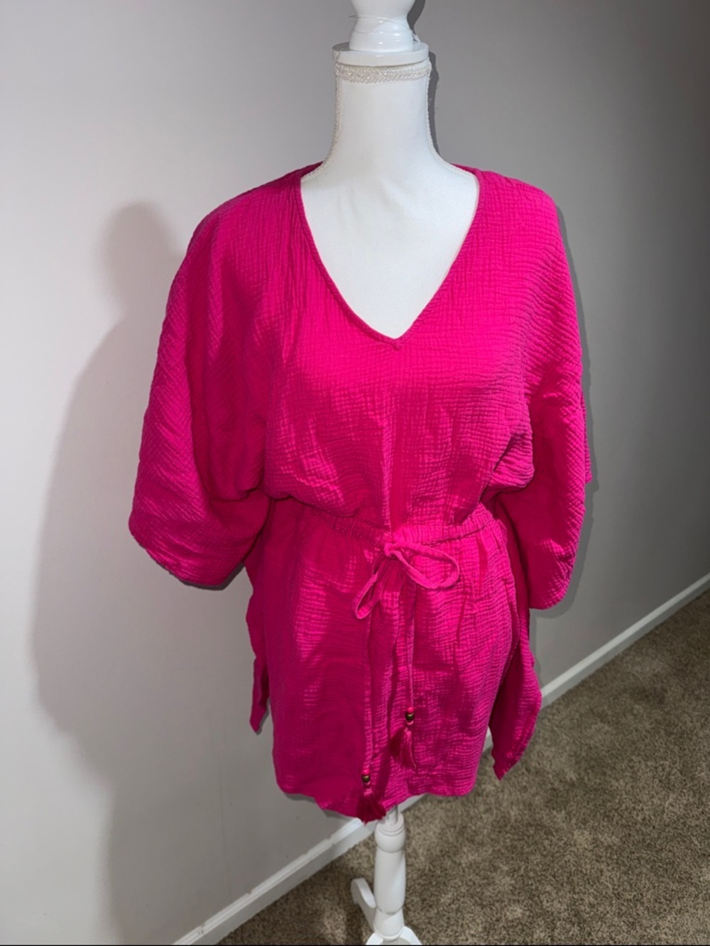 Lane Bryant Hot Pink V-Neck Swim Coverup with Tie Waist
